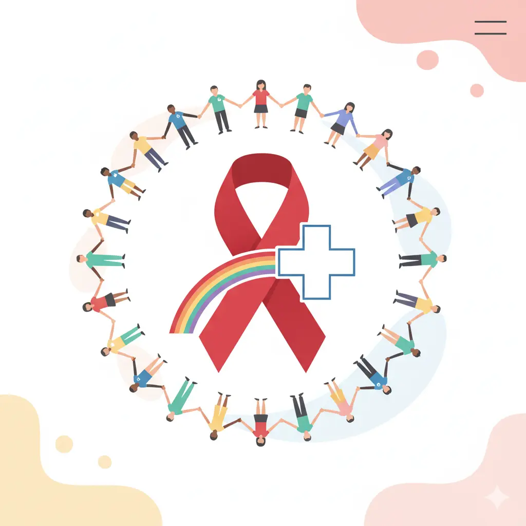 Illustration du ruban rouge VIH croisé avec un arc-en-ciel et une croix médicale, entouré d'une ronde de personnes solidaires
