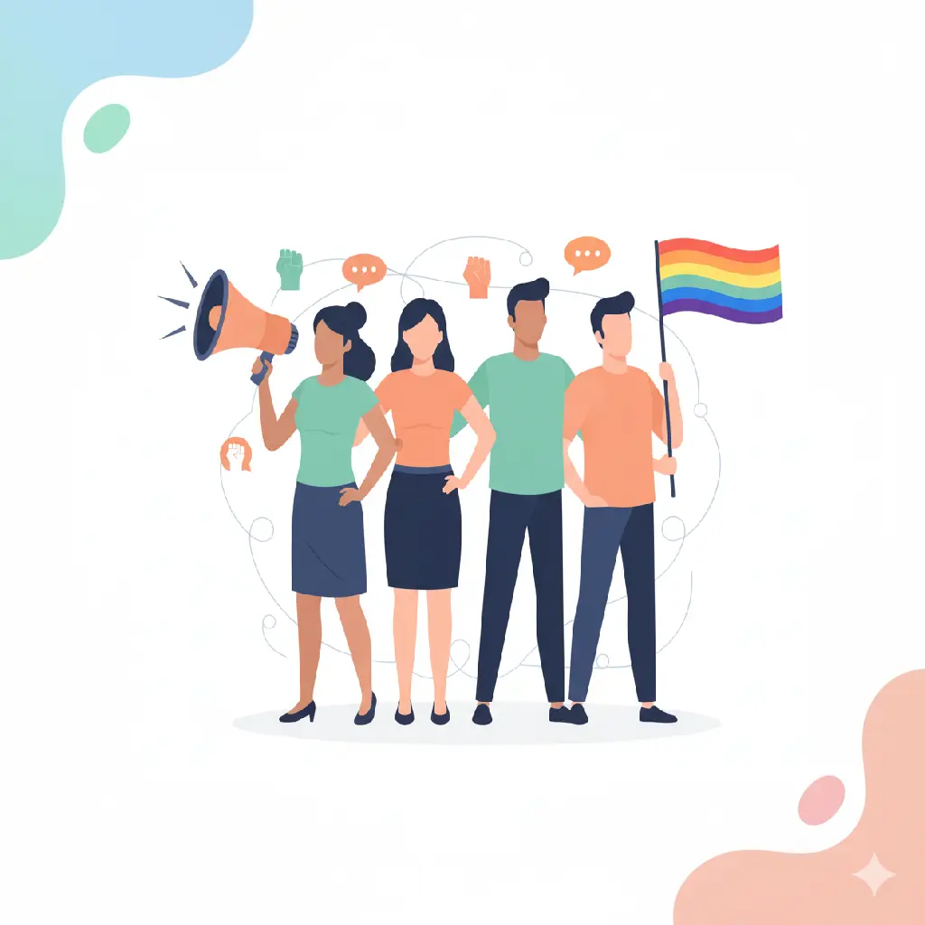 Illustration d'un porte-voix arc-en-ciel entouré d'une ronde de personnes solidaires, symbolisant le plaidoyer pour les droits humains