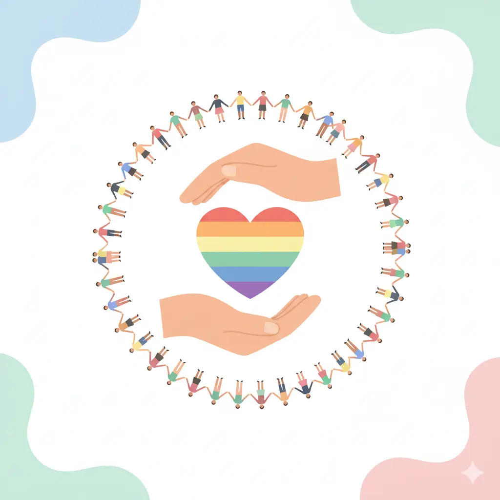 Illustration de mains protectrices tenant un cœur, entourées d'une ronde solidaire, symbolisant le soutien contre les violences basées sur le genre